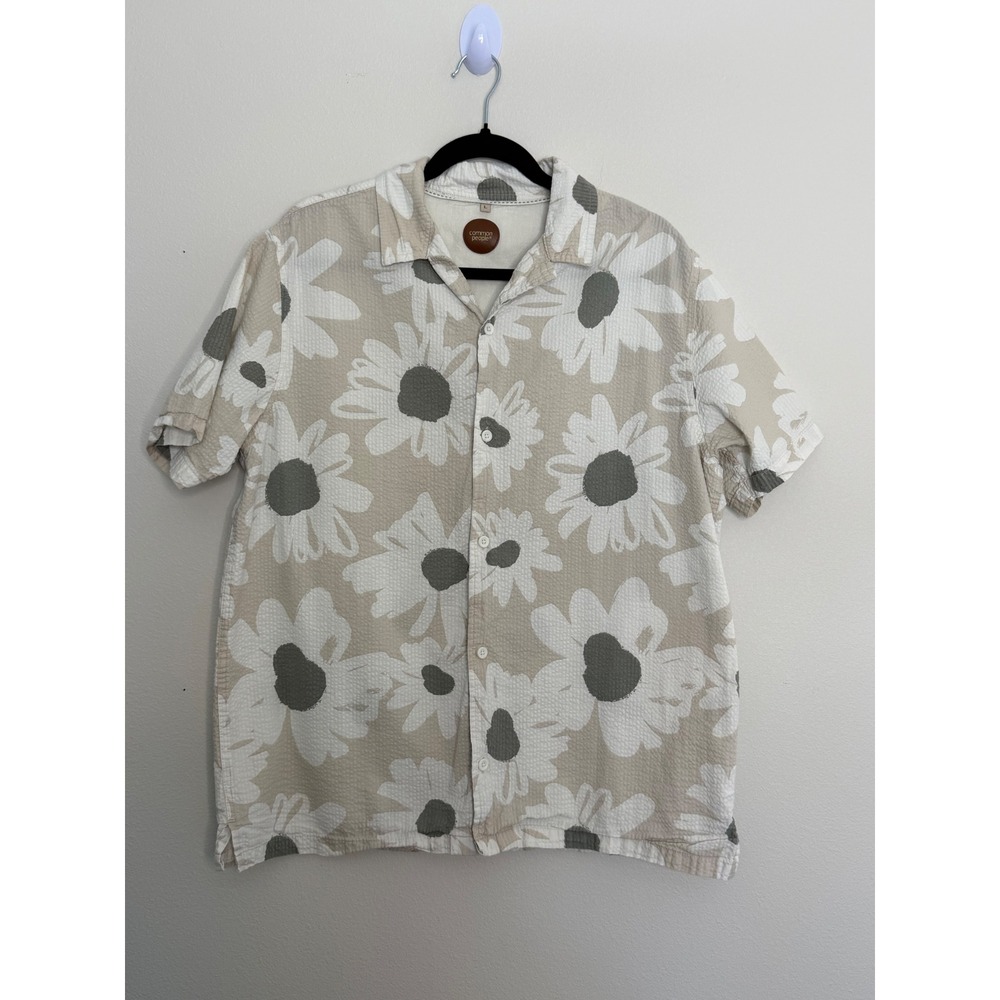 Common People Men's Large Daisy Floral Seersucker Short Sleeve Button Down Shirt